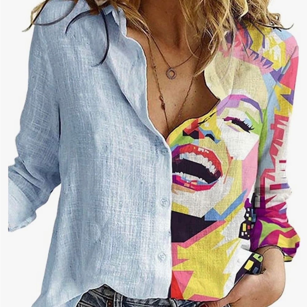 🆕MADEPANTS Iconic Marylin Monroe Pop Art Print Button-Down Shirt